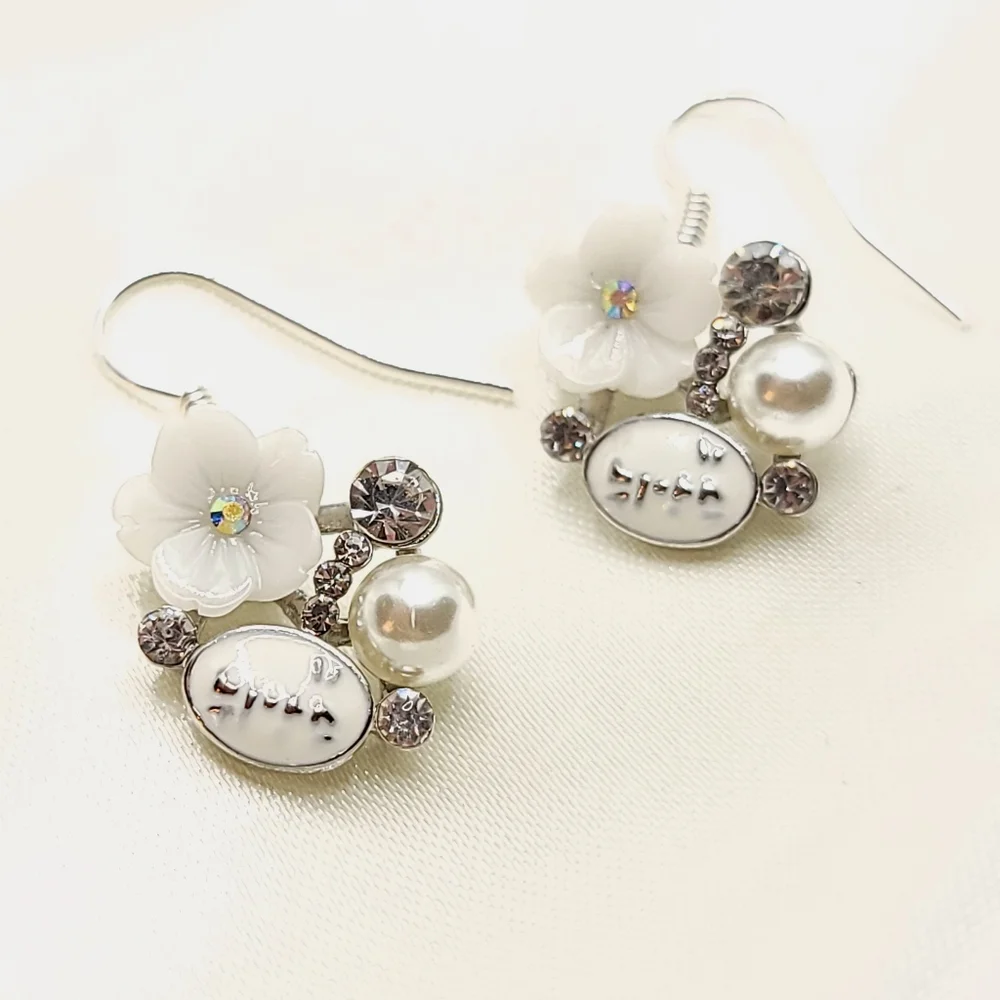 White Flower Pear Rhinestone Crystal Earrings